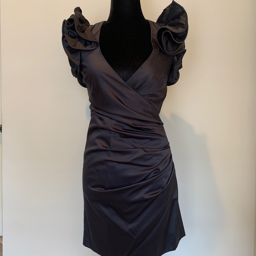 French Connection black mini cocktail dress low v-neck with dramatic sleeves